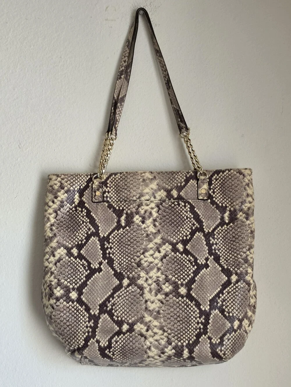 Michael Kors Cream Phython Snake Skin Gold Chain Tote Handbag Purse